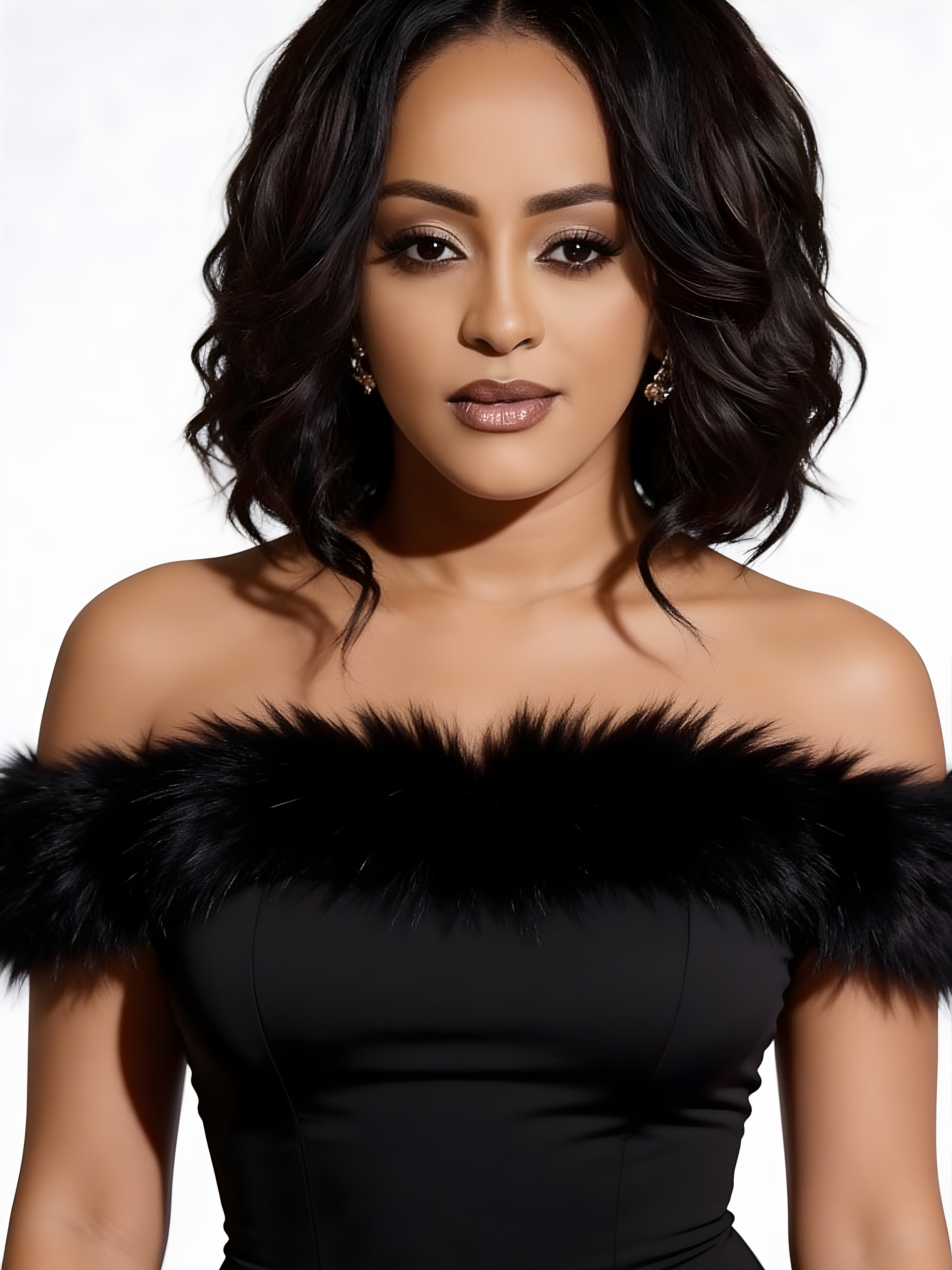 Close portrait of Veronica Adane in a black editorial look with feather trim.