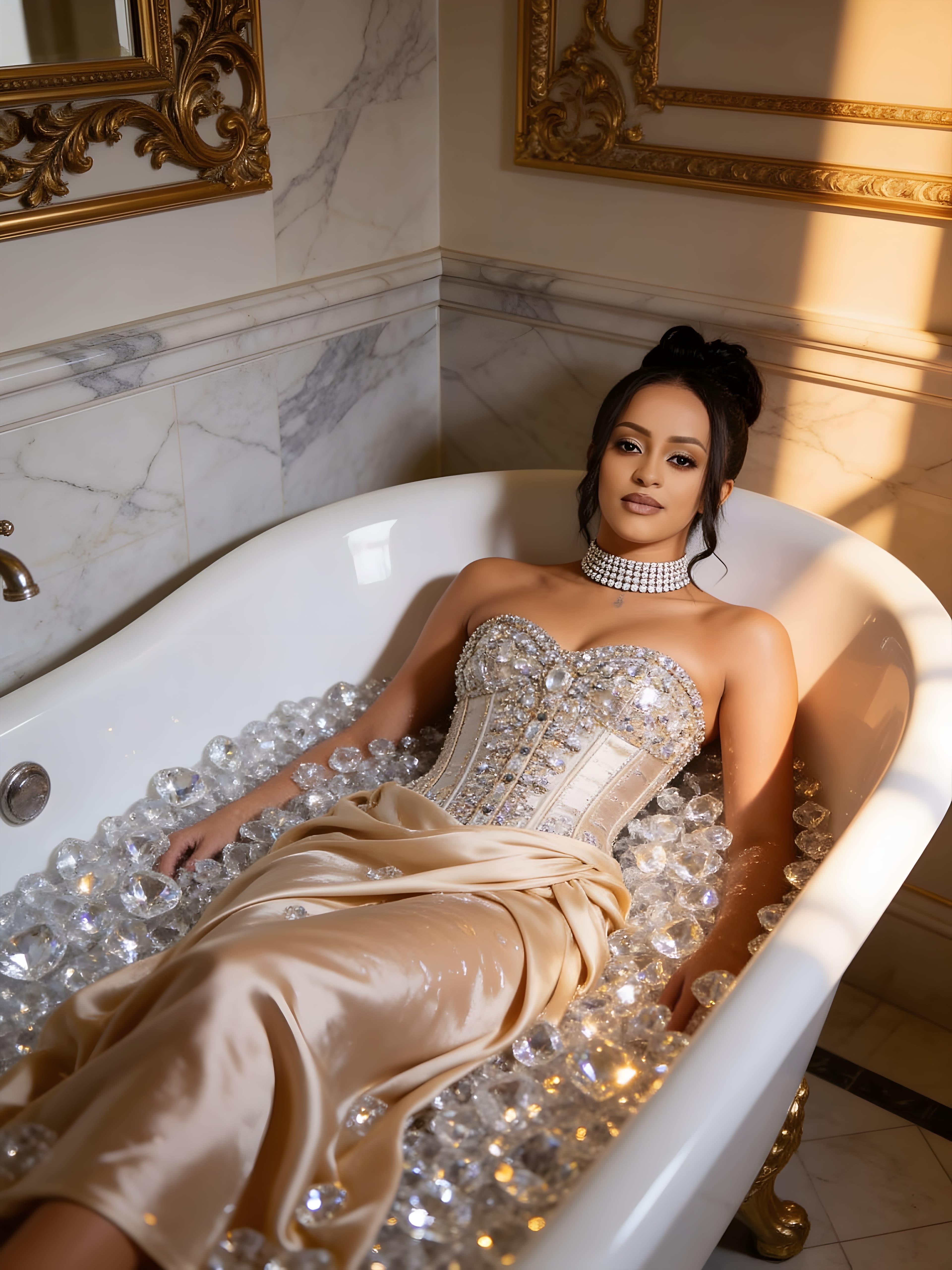 Veronica Adane reclining in a crystal-styled bath inside a gilded marble interior.